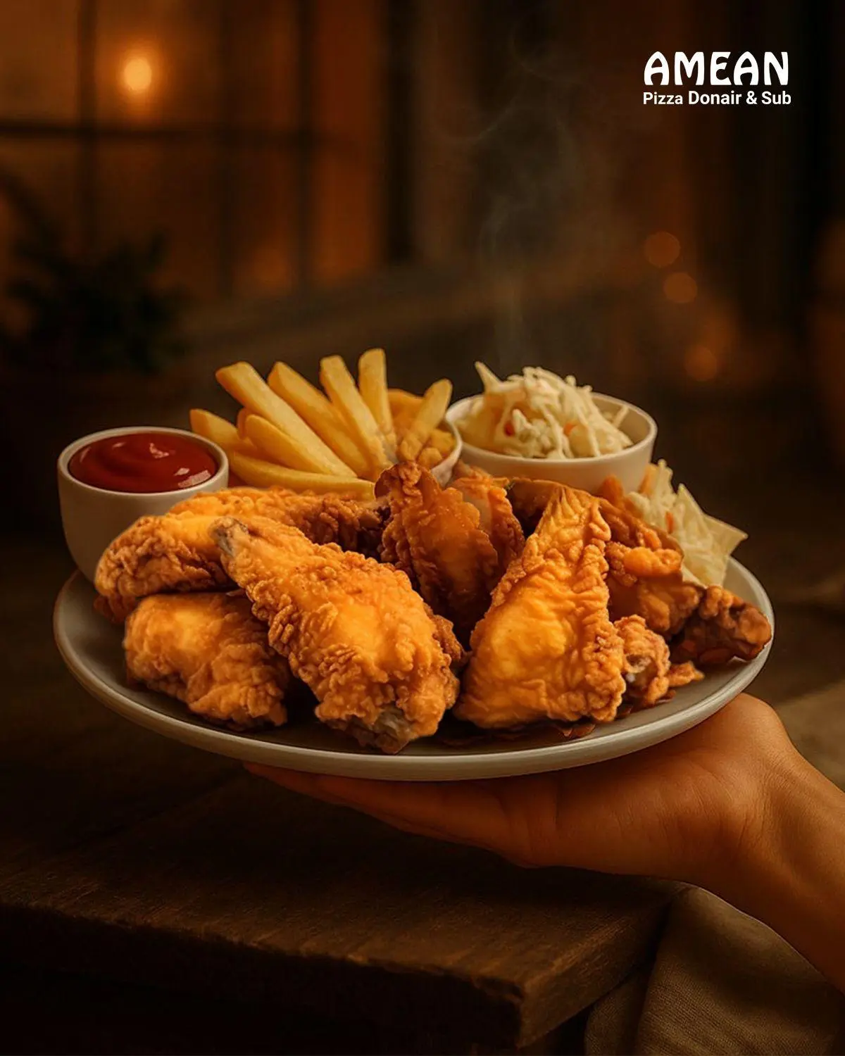 Crispy Broaster Chicken plate with fries, coleslaw and ketchup at Amean Edmonton