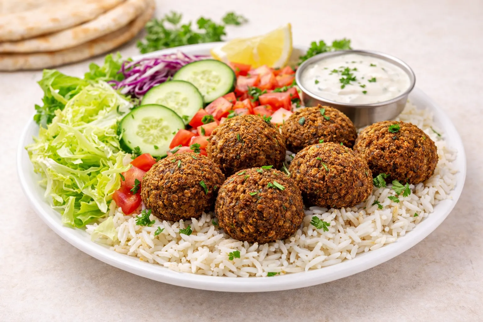 Falafel plate with rice and garlic sauce at Amean Pizza Donair & Sub in Edmonton, AB